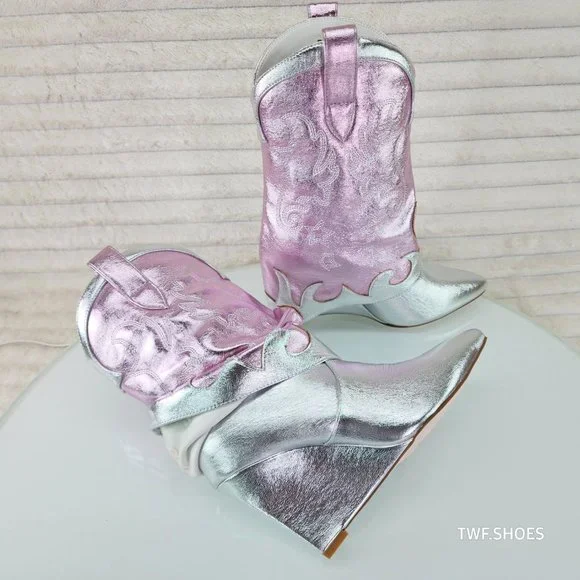 Show Off By Azalea Wang Silver Metallic Fold Over Western Wedge Ankle Boots - Picture 4 of 10